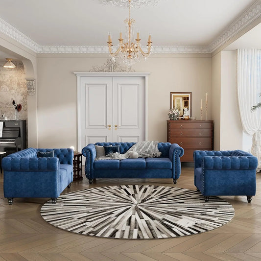 Living Room Sofa Set, Modern Sofa Set with Solid Wood Legs, Button-Down Tufted Backrest, Dutch Velvet Upholstered Sofa Set